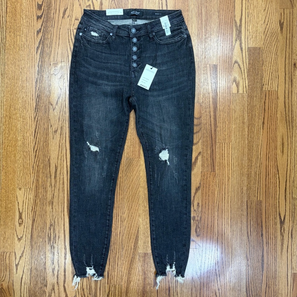 NWT Judy Blue Destroy Button Fly Black Skinny Jeans - Picture 5 of 12